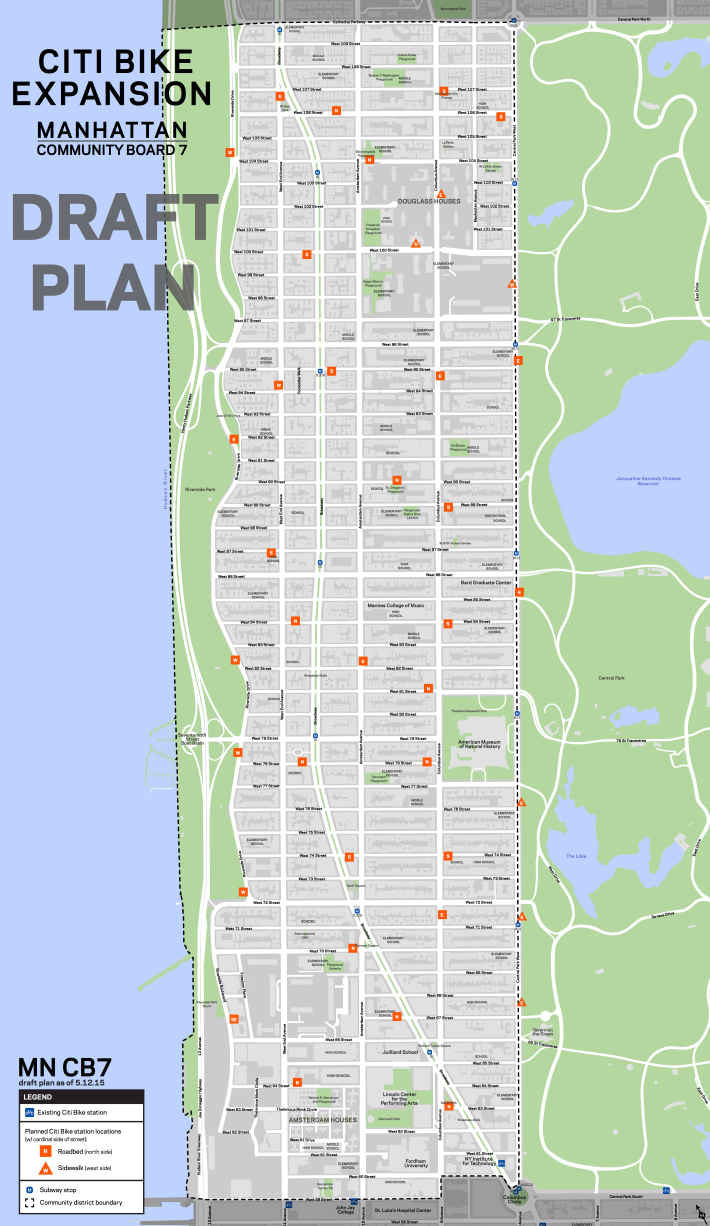 DOT is planning 39 bike-share stations between 59th and 107th streets. Map: DOT [PDF]
