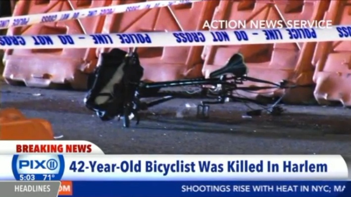 The bicycle of the man killed by a reckless East Harlem driver fleeing police. Photo via WPIX