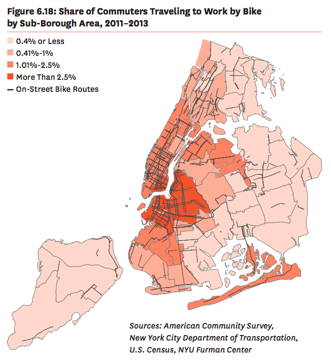 Biking to work varied greatly across the city. Map: NYU Furman Center