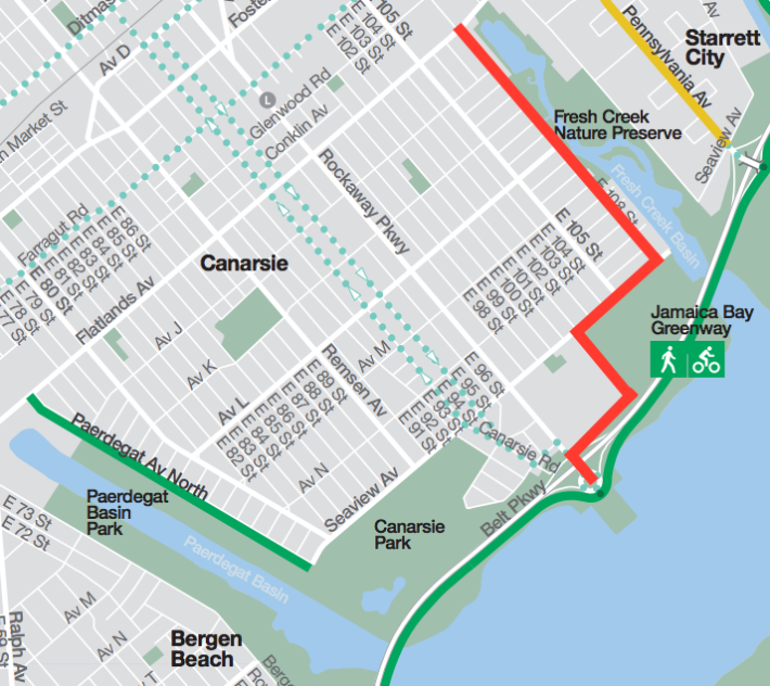 The proposed bikeway (in red) joins a lane installed last year on Paerdegat Avenue North. Map: DOT