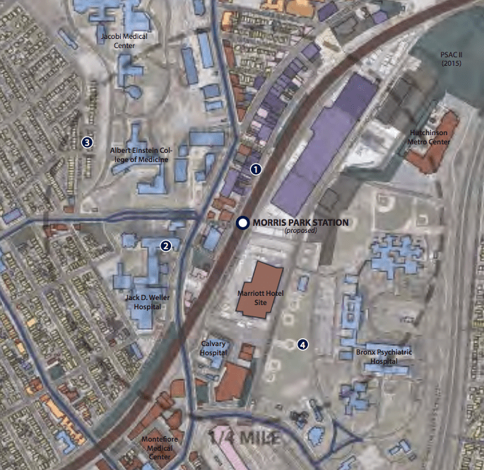 Morris Park is a big and growing job center within walking distance of a planned Metro-North station, but new development in the area remains auto-centric. Map: Department of City Planning