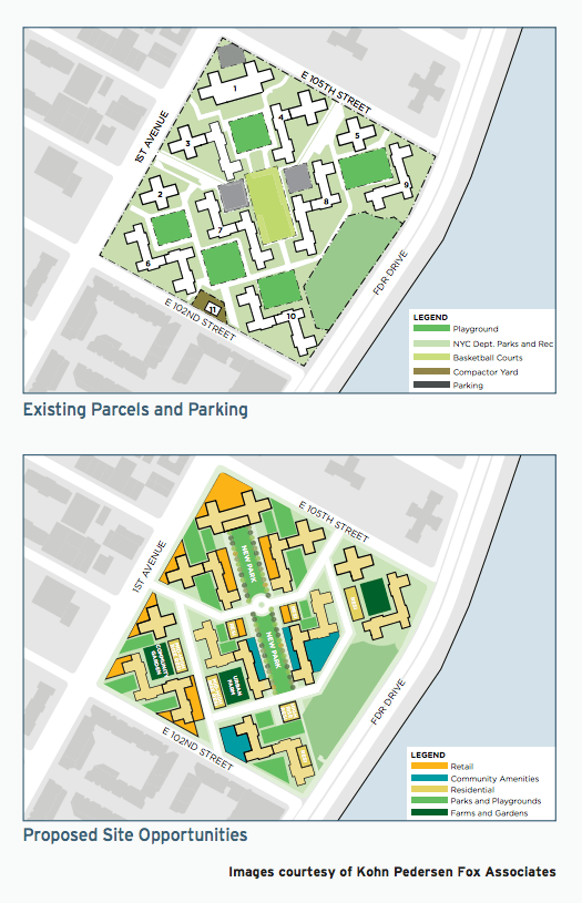 A conceptual plan for East River Houses would replace parking with new housing and retail. Image: NYCHA [PDF]