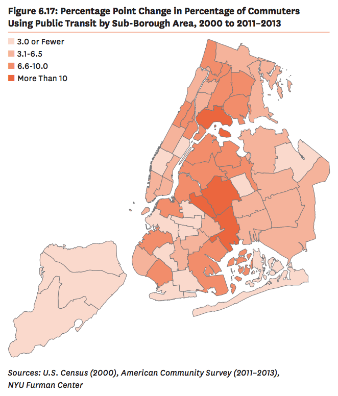 Neighborhoods near the South Bronx, Bushwick, Brownsville, and Middle Village had the biggest increases in transit commute share. Map: NYU Furman Center