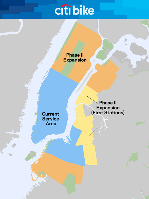 It looks like that Phase II expansion might itself come in phases, starting later this summer. Image: Citi Bike