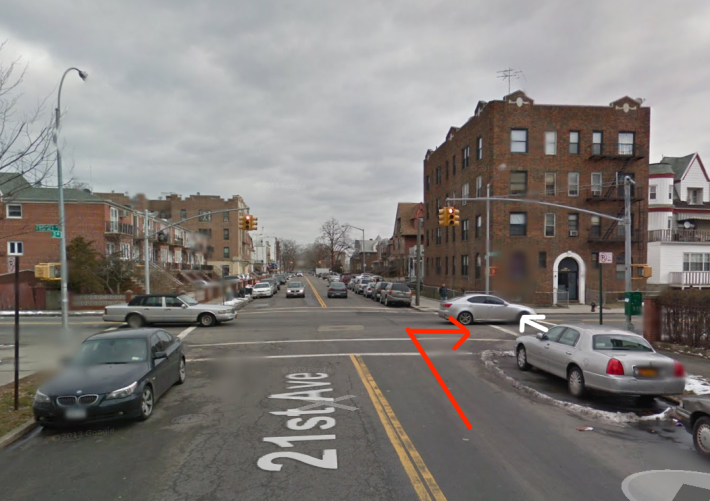 Last March a driver fatally struck Xiali Yue while making a right turn at 21st Avenue and Cropsey Avenue in Brooklyn, where visibility is limited by parked cars. Image: Google Maps