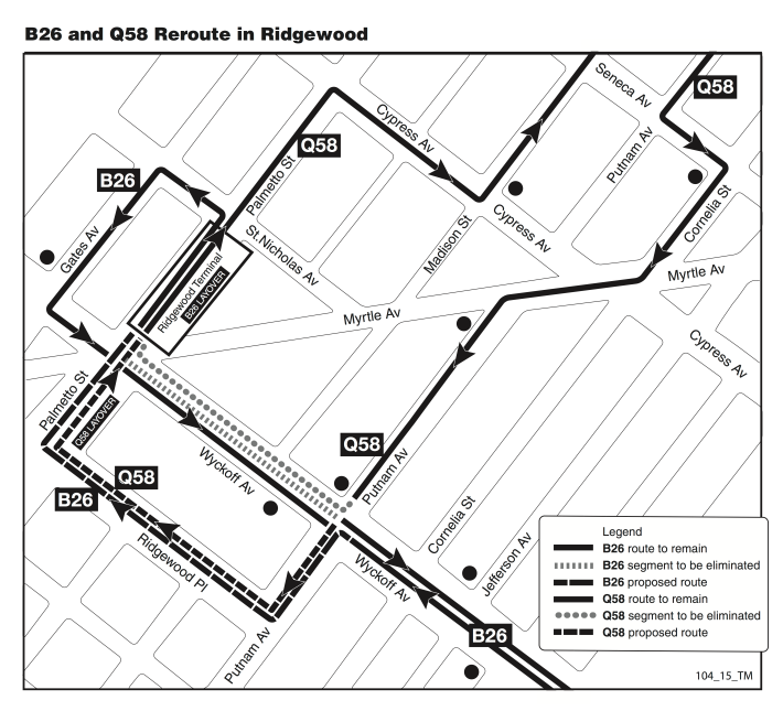 The plan would move buses from Wyckoff Avenue to Ridgewood Place to avoid a dangerous turn. Click map to enlarge. Map: MTA