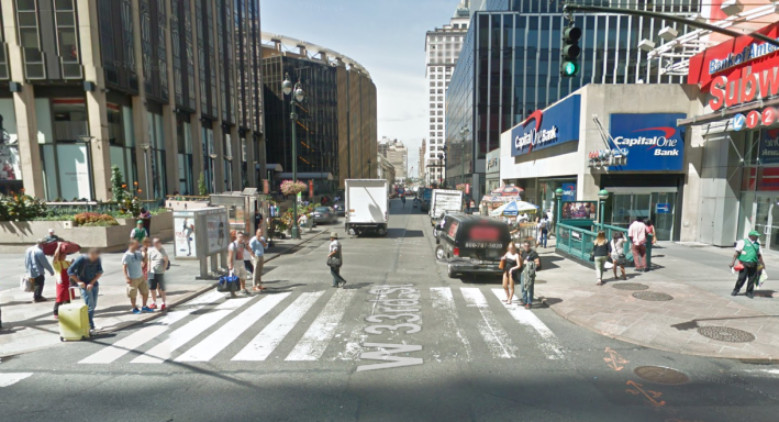 33rd Street west of Seventh Avenue will become a temporary pedestrian plaza this summer. The project could be made permanent in the future. Photo: Google Maps