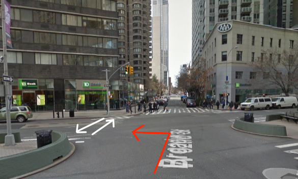 A driver turning left fatally struck Moshe Grun as he crossed Broadway at W. 62nd Street, where motorists are required by law to yield to pedestrians. The white arrows represent Grun’s path through the intersection — it is unknown if he was walking east or west — and the red arrow indicates the path of the driver. Image: Google Maps