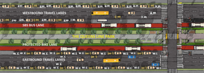 The students propose bus lanes, curbside protected bike lanes, and a large median park for Queens Boulevard. Image: Hunter College