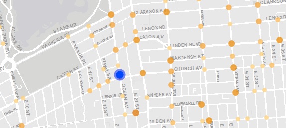 Injury crashes in the vicinity of Church Avenue and Ocean Avenue, indicated by the blue dot, in 2015. Image: Vision Zero View
