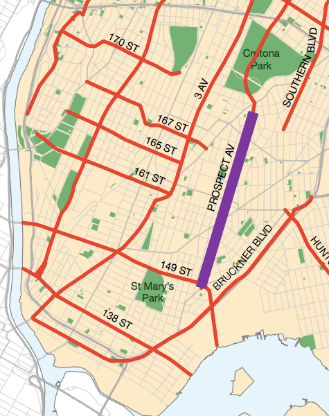 Prospect Avenue (in purple) is a Vision Zero priority corridor. Image: DOT