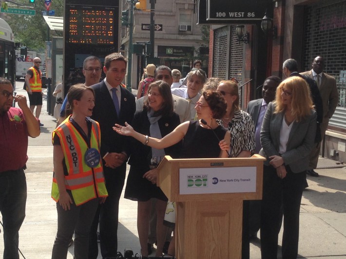 Transportation Commissioner Polly Trottenberg and other officials at today’s M86 Select Bus Service launch on the Upper West Side. Photo: Ken Coughlin