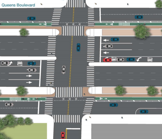 The first phase of the project includes protected bike lanes, median crosswalks, and expanded pedestrian space. Image: DOT [PDF]