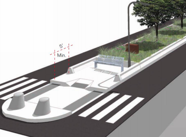 The city is proposing raised medians featuring seating areas. Image: DOT [PDF]