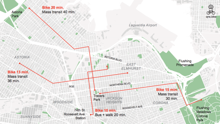 Getting to nearby parks from Jackson Heights is much faster by bike than it is by transit. Now, a group of local residents wants safer ways to make the journey. Map: Queens Bike Initiative