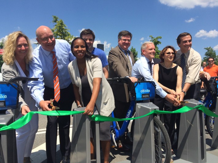 Elected officials, transportation chiefs, and Citi Bike investors were all smiles at the launch of Citi Bike's first-ever expansion station. Photo: Stephen Miller
