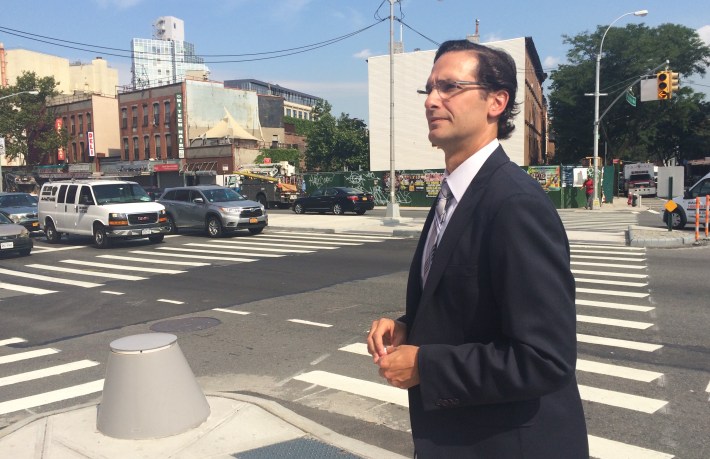 DOT Deputy Commissioner Ryan Russo talks about the latest changes to the intersection of Atlantic, Washington and Underhill avenues. Photo: Stephen Miller