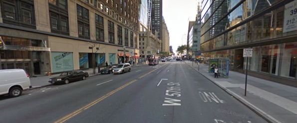 West 57th Street, looking westbound, where an MTA bus driver killed Rochel Wahrman this morning. Image: Google Maps