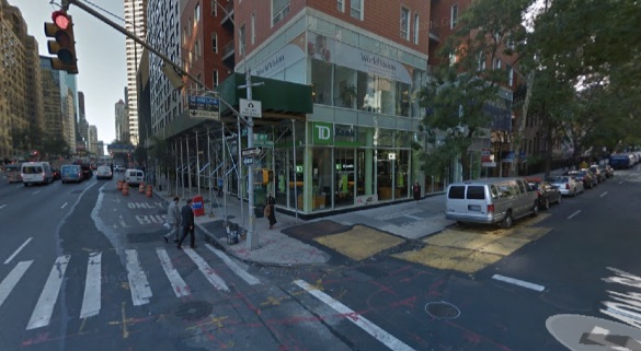 Southwest corner of Second Avenue and E. 49th Street, where a driver came to a stop after hitting three people on the sidewalk, pinning Mallory Weisbrod to a pole. Weisbrod died. The driver was not charged. Image: Google Maps