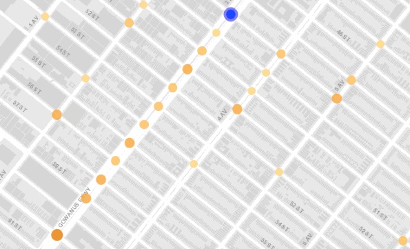 Injury crashes along Third Avenue this year, with the site of Wednesday’s fatal collision indicated by the blue dot. Image: Vision Zero View