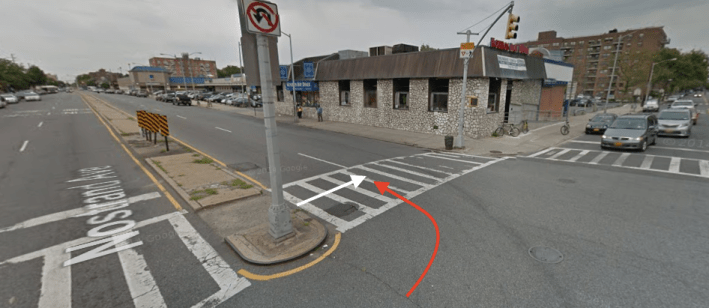 The red arrow indicates the approximate path of Carol Carboni, and the white arrow indicates the approximate path of the 33-year-old driver who killed her in the crosswalk at Avenue Z and Nostrand Avenue. Photo: Google Maps