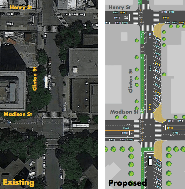 Cinton Street is getting a two-way bikeway and painted curb extensions. Image: DOT [PDF]