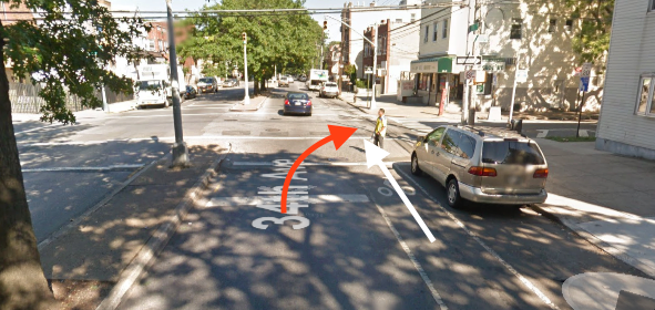 A cyclist in a marked bike lane was hit by a truck driver making a right turn at 34th Avenue and 105th Street in Queens, according to NYPD. Image: Google Maps