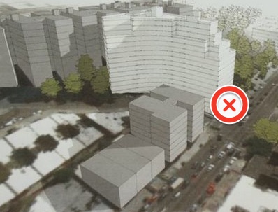 X marks the spot of the 1 train entrance below a proposed apartment building on Broadway in Washington Heights, which CB 12 says needs more than 50 parking spots. Image via DNAinfo