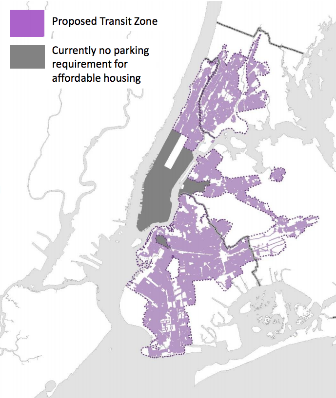 Parking requirements for affordable and senior housing have already been eliminated in the dark grey areas. Under the mayor's plan, they would also be eliminated in a new "transit zone," shown in purple. Map: DCP [PDF]