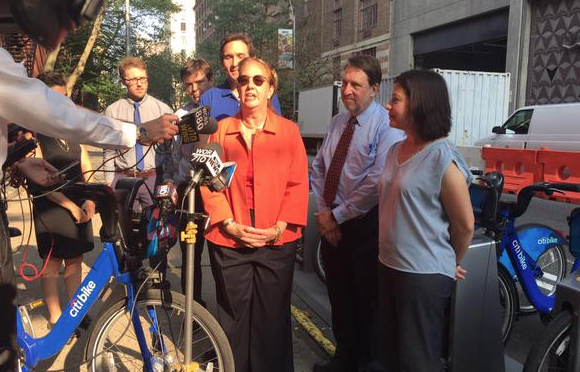 Manhattan Borough President Gale Brewer at the first Citi Bike station on the Upper East Side. Photo: NYC DOT