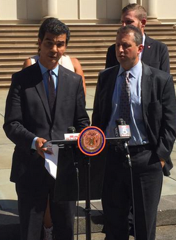 Ydanis Rodriguez, with Council Member Brad Lander at right, outside City Hall today. Photo: @ydanis