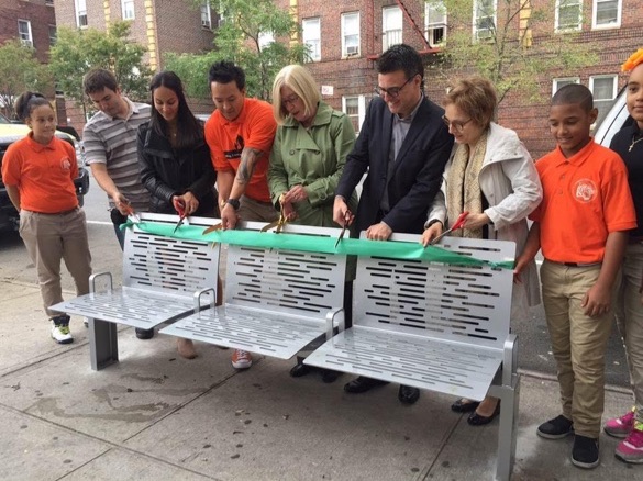 DOT officials and others with CityBench number 1,500, at MS 22 in the Bronx. Photo: DOT