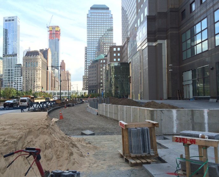 Looking south from Vesey Street. Construction on this section of the Hudson River Greenway, detoured since 2007, is set to reopen in mid-November. Photo: Stephen Miller