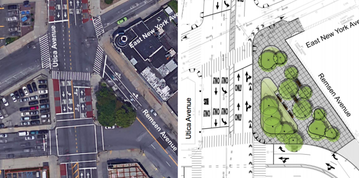 A reconstruction project will add pedestrian plazas to Empire Boulevard, including this one at Remsen Avenue. Images: DOT [PDF]