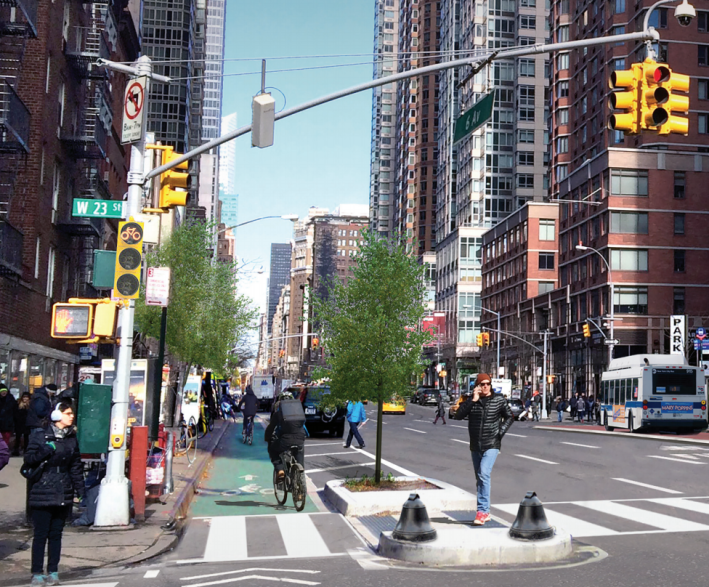 What Sixth Avenue could look like. Rendering: The Street Plans Collaborative and Carly Clark for Transportation Alternatives [PDF]