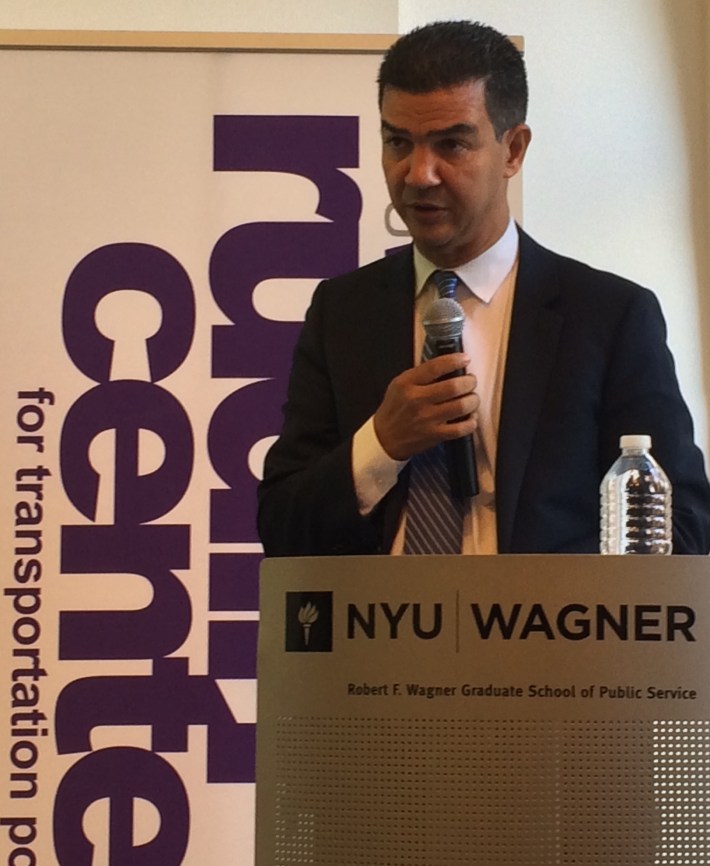 City Council Transportation Committee Chair Ydanis Rodriguez outlines his transportation vision this morning. Photo: Stephen Miller