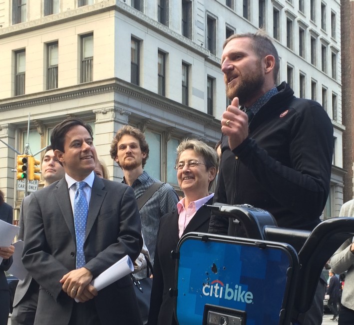 Transportation Alternatives Executive Director Paul Steely White, right, speaks as Council Member Dan Garodnick, left, and Assembly Member Deborah Glick, center, look on. Photo: Stephen Miller