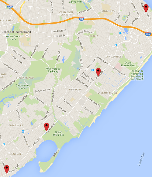 Locations where motorists have killed people walking and biking on Hylan Boulevard in 2015.