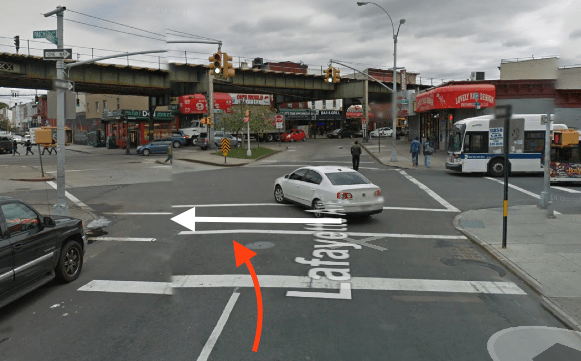 The white arrow represents the path of Latiesha Ramsey, and the red arrow the approximate path of the truck driver who hit her, based on NYPD’s account of the crash. Image: Google Maps
