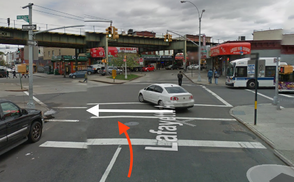 The white arrow represents the path of Latiesha Ramsey, and the red arrow the approximate path of the truck driver who hit her, based on NYPD’s account of the crash. Image: Google Maps