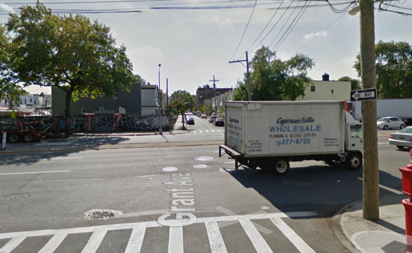 Atlantic Avenue at Grant Avenue, when a driver killed 70-year-old Helen Marszalek. The nearest crosswalks are a block in either direction. Image: Google Maps