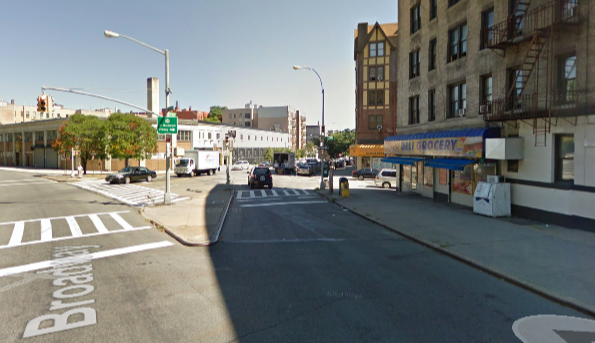 The Broadway-Sherman slip lane before the redesign. Image: Google Maps