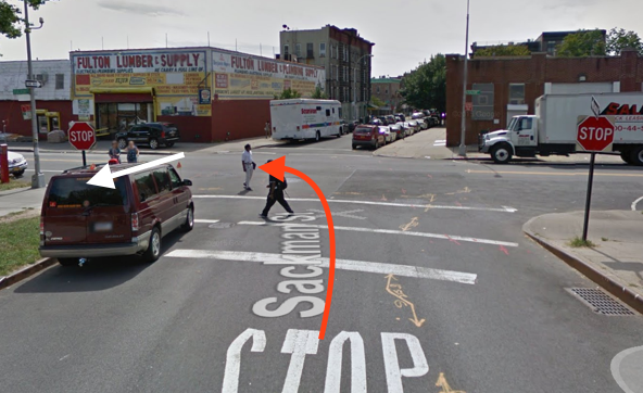 An MTA bus driver killed a senior at a Brooklyn intersection. The red arrow represents the approximate path of the bus, and the white arrow the approximate path of the victim, according to NYPD’s account of the crash. Image: Google Maps
