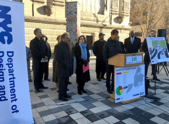 Council Member Ydanis Rodriguez, Transportation Commissioner Polly Trottenberg, and a cast of uptown players marked the opening of Plaza de Las Americas today. Photo: Brad Aaron