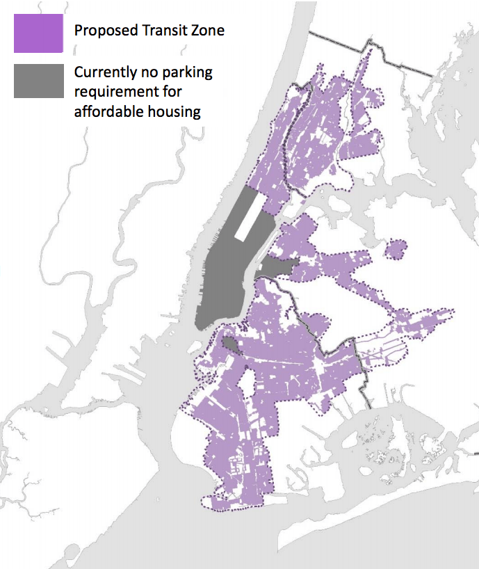 The mayor is proposing the elimination of parking requirements in new affordable housing projects within the designated "transit zone," in purple: Image: DCP