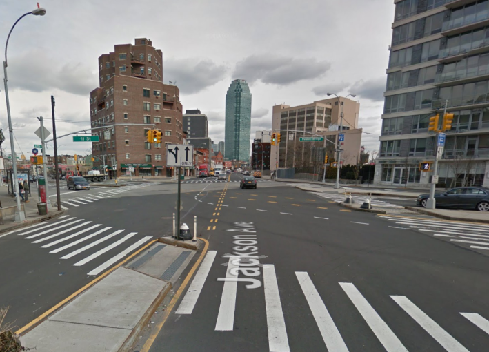 Jackson Avenue cuts diagonally into 11th Street right where it intersects with the Pulaski Bridge approach, a nightmare for all users. Image: Google Maps