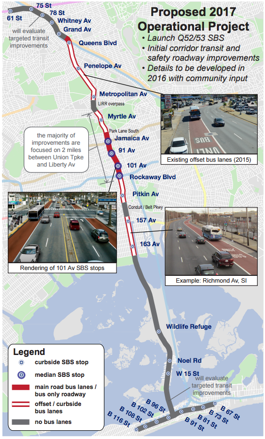 DOT's proposal for the 2017 launch of the new Woodhaven Boulevard SBS will feature far fewer miles of main road bus lanes than originally expected. Image: DOT