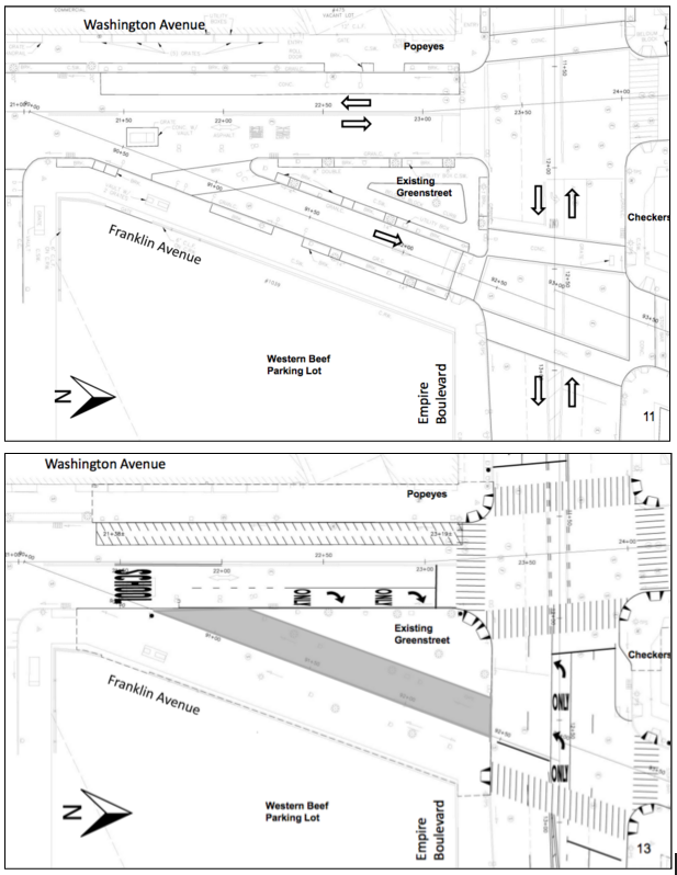 DOT has plans to replace a small slip lane that feeds into Empire Boulevard with a pedestrian plaza, but local anger over gentrification could prevent the project from coming to fruition. Image: DOT/DDC/RBA Group