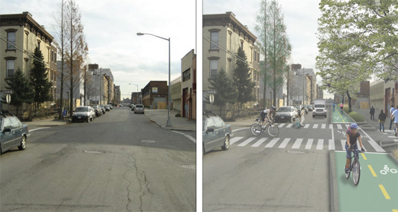 A preliminary rendering of the two-way bikeway and planted buffer slated for West Street in Greenpoint. Image: DDC