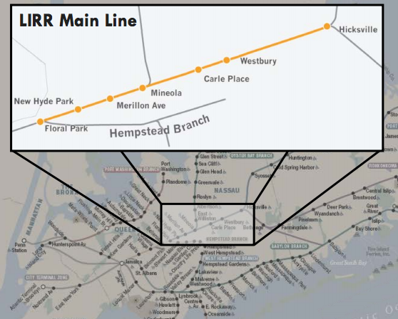 The governor is proposing the construction of a third track along this 9.8 mile stretch of the Long Island Railroad. Image: Long Island Index